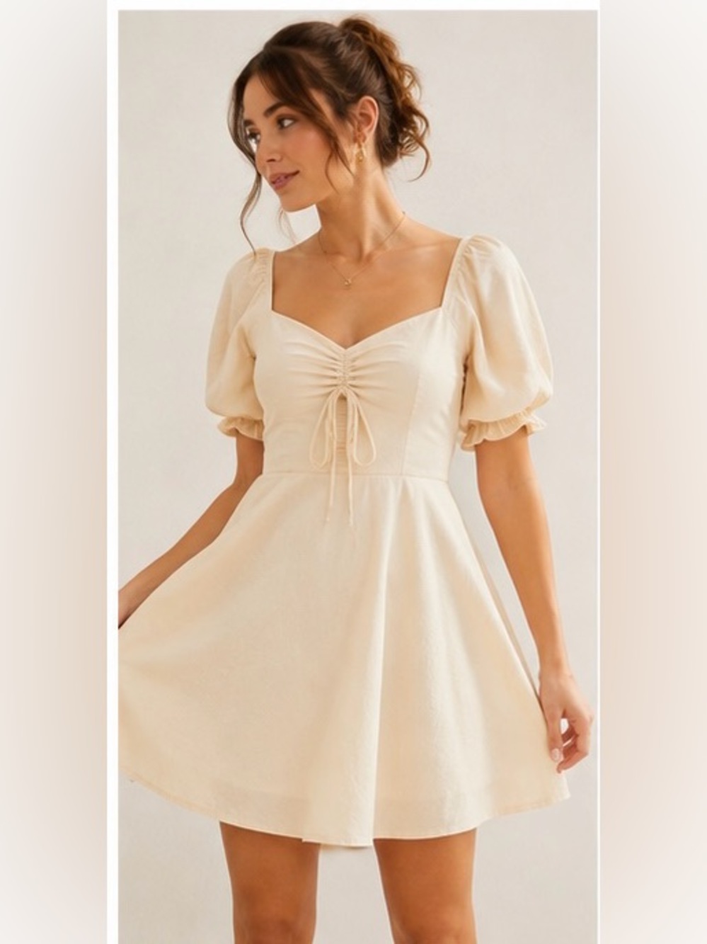 Japna Cream Linen Blend Puff Sleeve Cottagecore Mini Dress S